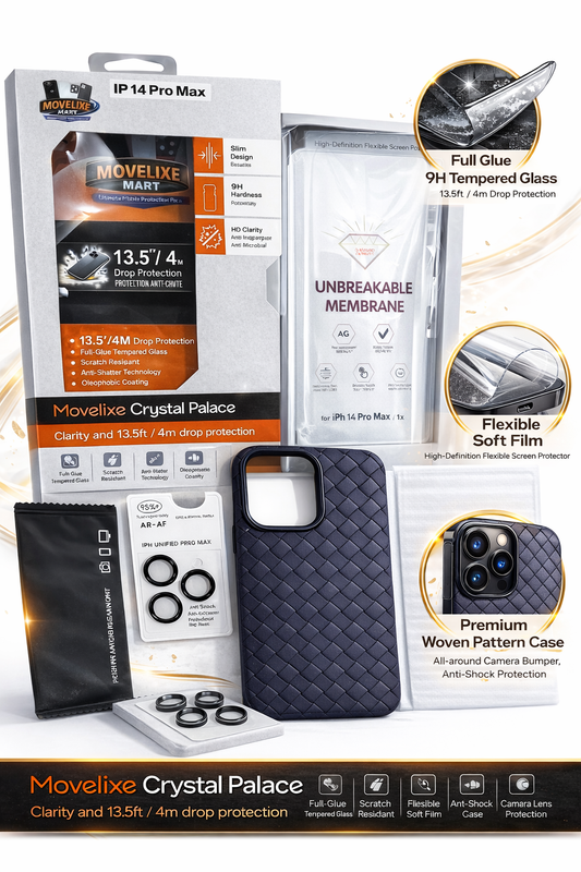 iPhone 14 Pro Max Case 5-in-1 Protection Pack – Woven Case, 9H Tempered Glass, Camera Lens Protector & Cleaning Kit | Crystal Palace