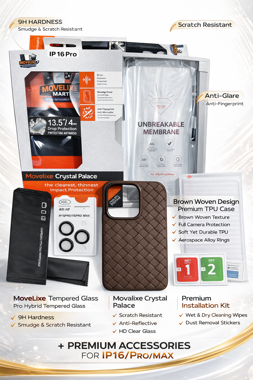 Movelixe Crystal Palace 5-in-1 Protection Kit for iPhone 16 Pro ā Woven Case + Unbreakable Membrane + Camera Lens Protector