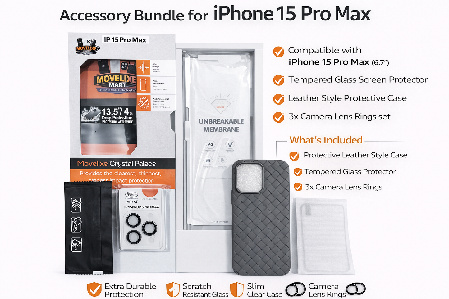 Movelixe Crystal Palace 5-in-1 Protection Bundle for iPhone 15 Pro Max – Woven Case, Screen Protector & Camera Lens Rings