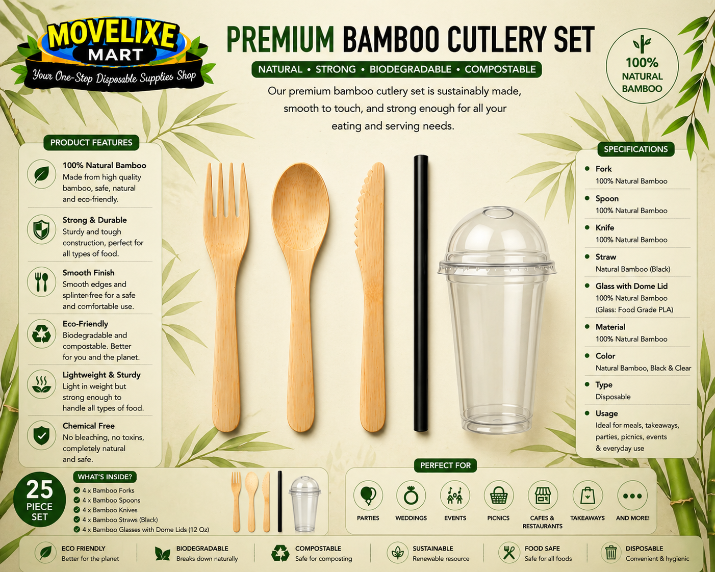 Movelixe Mart 5 Compartment Disposable Meal Tray Set with Lids, Cups, Bamboo Cutlery & Black Straws – 12 Pack
