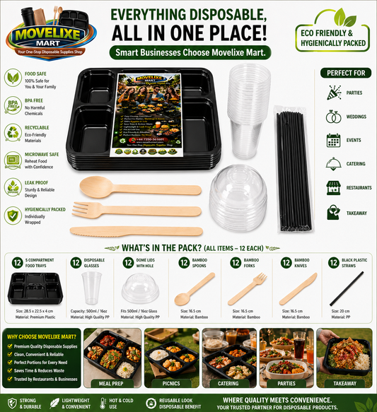 Movelixe Mart 5 Compartment Disposable Meal Tray Set with Lids, Cups, Bamboo Cutlery & Black Straws – 12 Pack