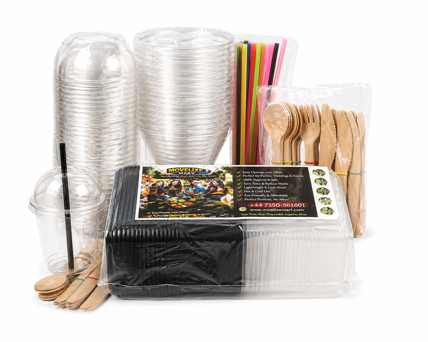 Movelixe Mart 144 PCS Premium Disposable Dinner Set – Square Food Containers, Disposable Glasses & Bamboo Cutlery Set