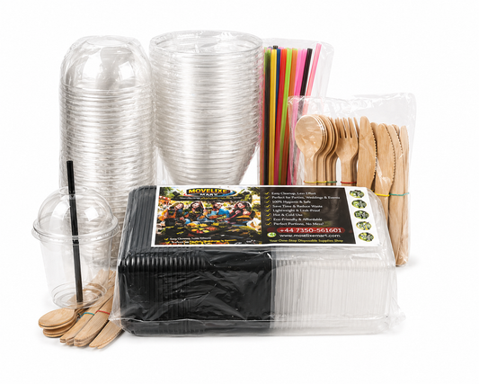 144 PCS Premium Disposable Dinner Set – Square Food Containers, Bamboo Cutlery & Glasses | Eco-Friendly Bulk Party Pack