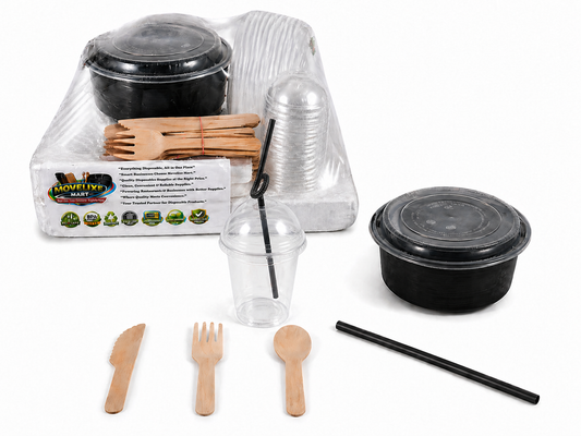144 PCS Disposable Dinner Set – Round Food Containers, Plastic Glasses, Wooden Cutlery & Straws | Bulk Party & Catering Pack