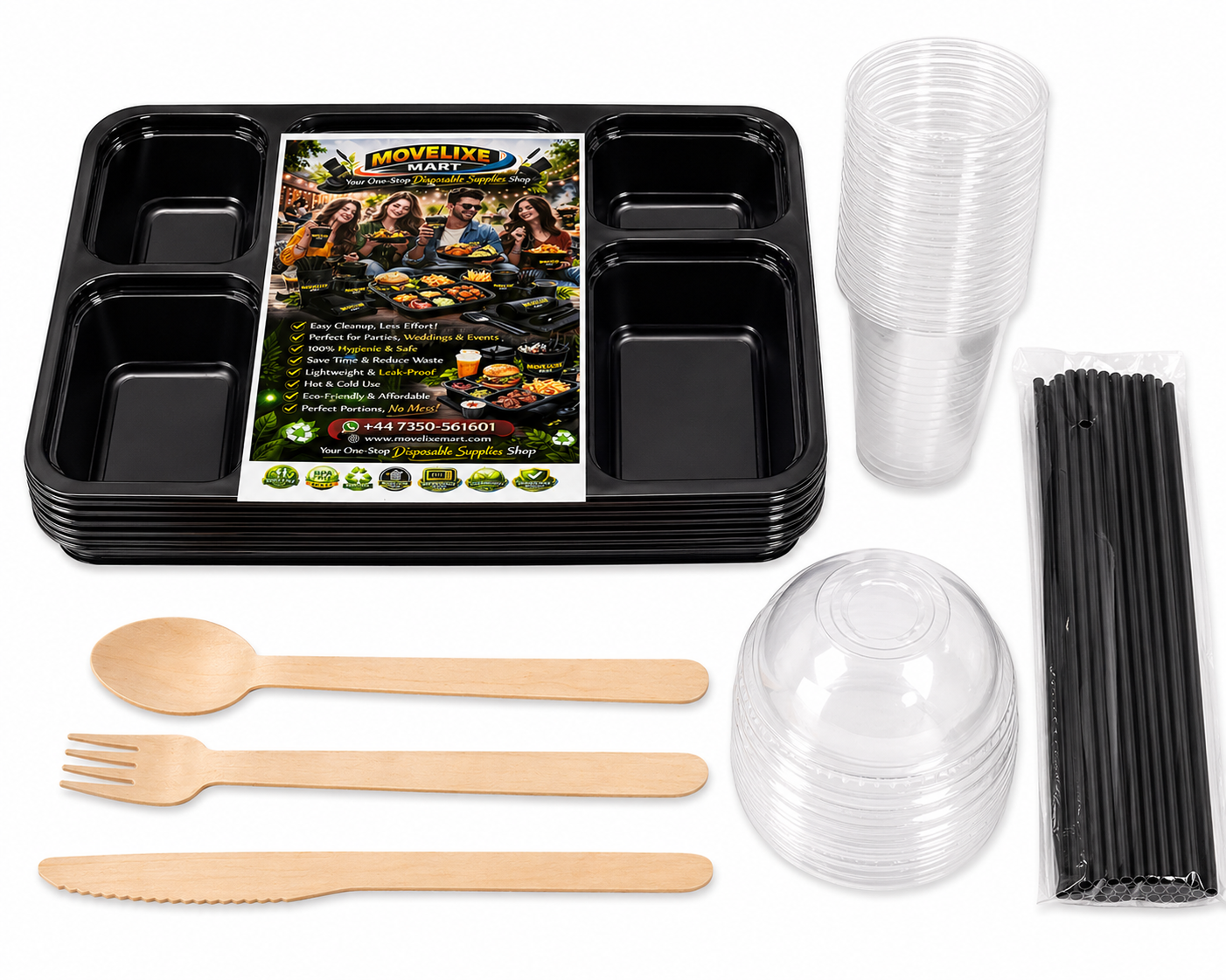 Movelixe Mart 5 Compartment Disposable Meal Tray Set with Lids, Cups, Bamboo Cutlery & Black Straws – 12 Pack