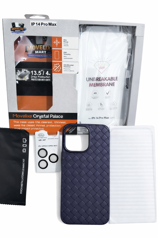 iPhone 14 Pro Max Case 5-in-1 Protection Pack – Woven Case, 9H Tempered Glass, Camera Lens Protector & Cleaning Kit | Crystal Palace