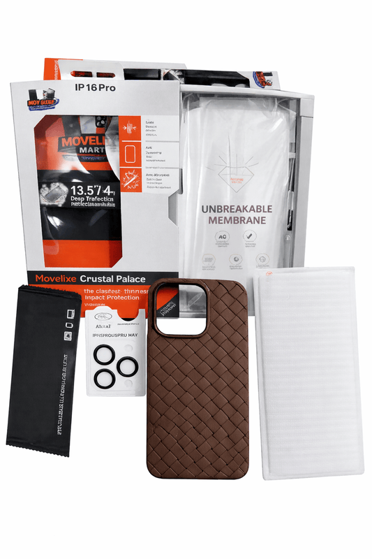 Movelixe Crystal Palace 5-in-1 Protection Kit for iPhone 16 Pro – Woven Case + Unbreakable Membrane + Camera Lens Protector