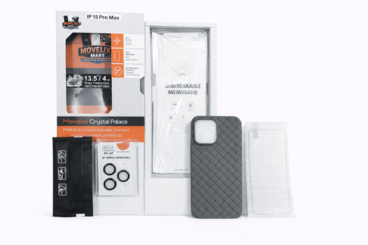 iPhone 15 Pro Max Case 5-in-1 Protection Bundle – Woven Leather Case, Tempered Glass & Camera Lens Rings | Crystal Palace
