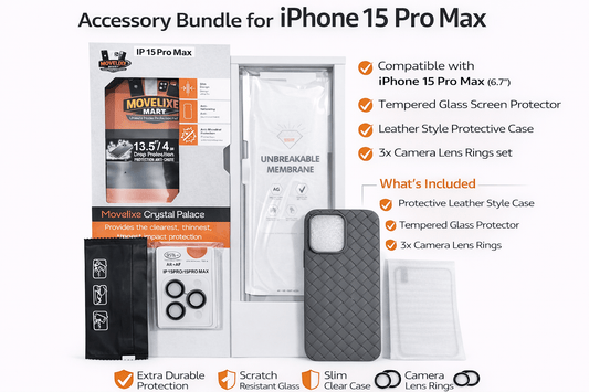iPhone 15 Pro Max Case 5-in-1 Protection Bundle – Woven Leather Case, Tempered Glass & Camera Lens Rings | Crystal Palace