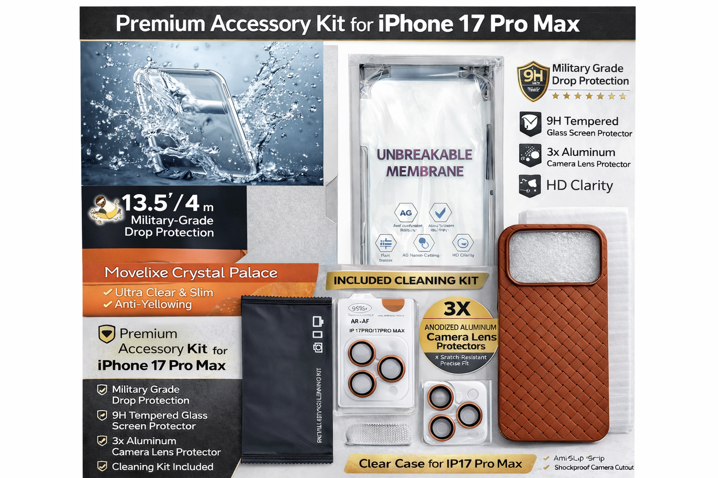 Premium 5-in-1 Protection Kit for iPhone 17 Pro Max – Clear Crystal Palace Case, Unbreakable Membrane & Camera Lens Protectors