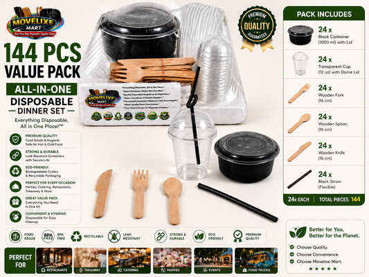 144 PCS Disposable Dinner Set – Round Food Containers, Plastic Glasses, Wooden Cutlery & Straws | Bulk Party & Catering Pack