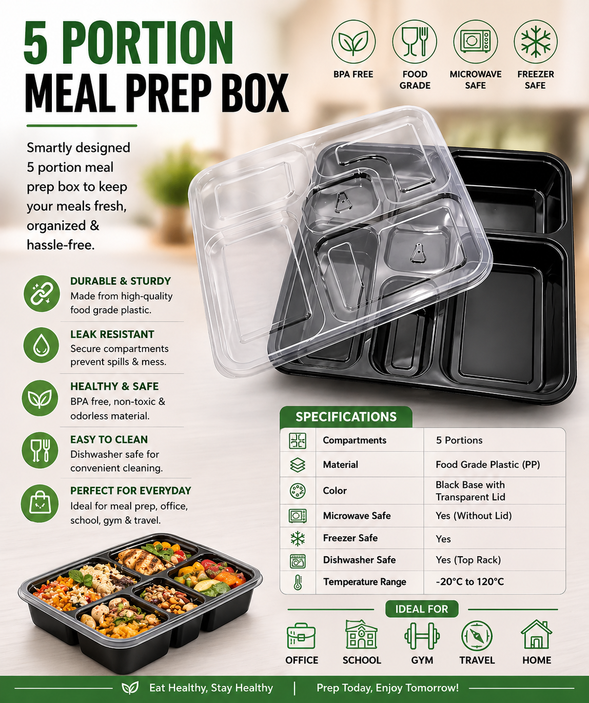 Movelixe Mart 5 Compartment Disposable Meal Tray Set with Lids, Cups, Bamboo Cutlery & Black Straws – 12 Pack
