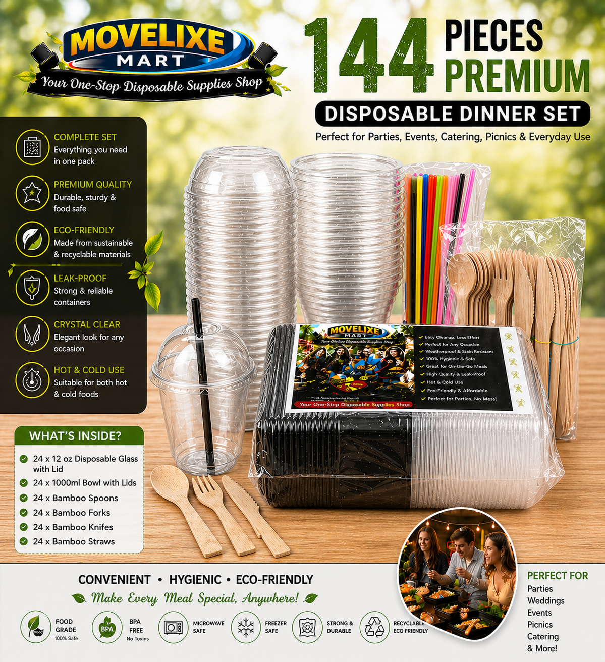 Movelixe Mart 144 PCS Premium Disposable Dinner Set – Square Food Containers, Disposable Glasses & Bamboo Cutlery Set