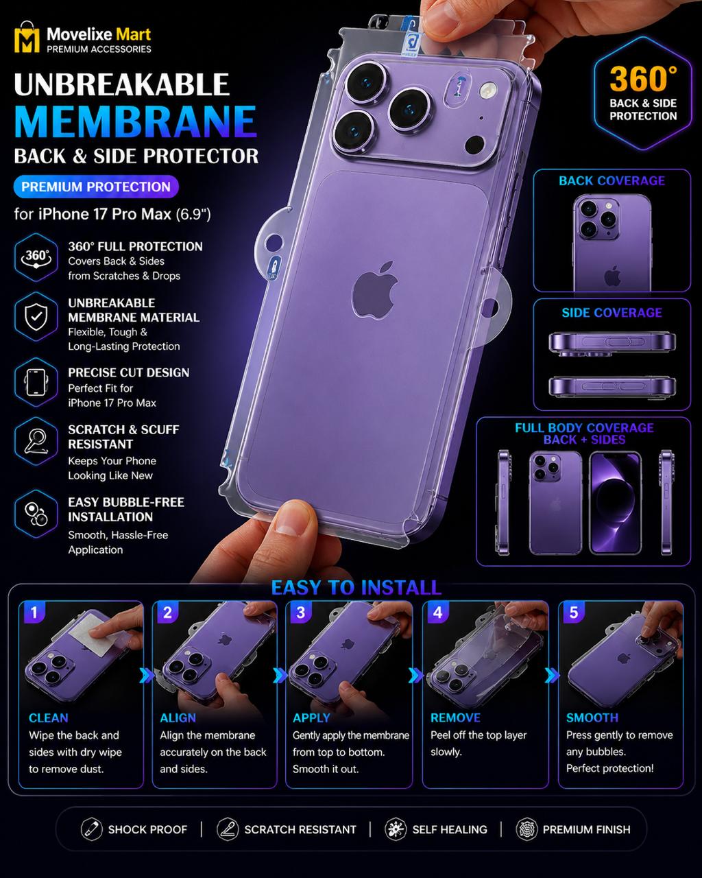 Movelixe Crystal Palace 5-in-1 Protection Pack for iPhone 17 Pro  | Premium Case + Unbreakable Membrane + Camera Lens Protector + Installation Kit