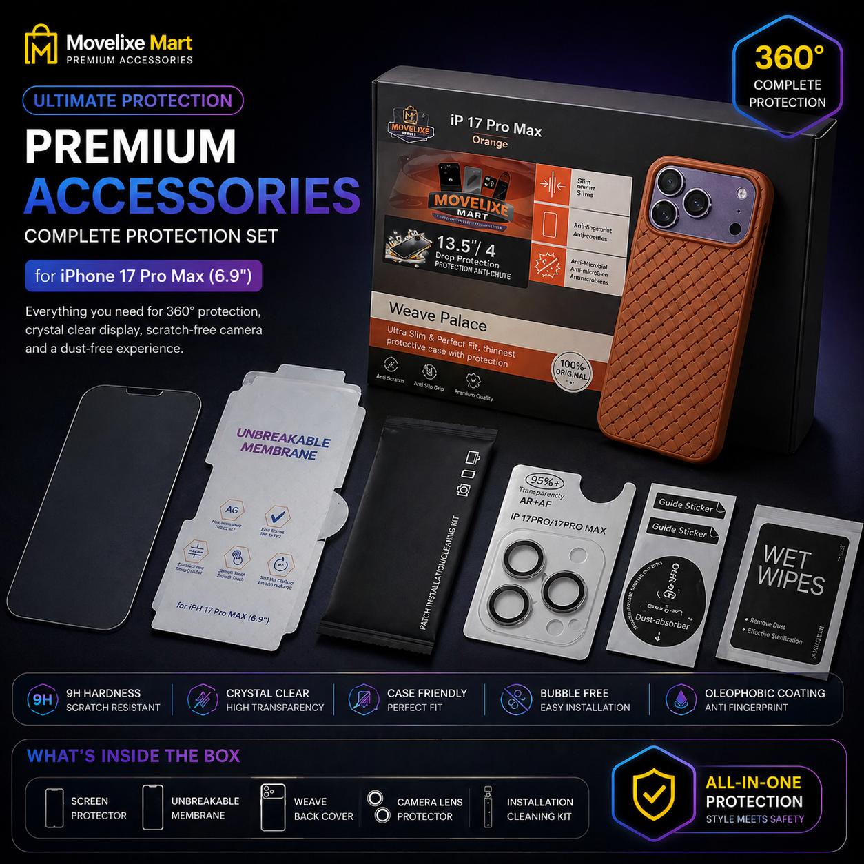 Movelixe Crystal Palace 5-in-1 Protection Pack for iPhone 17 Pro  | Premium Case + Unbreakable Membrane + Camera Lens Protector + Installation Kit